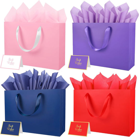 4 Pack Colorful Gift Bags with Handles and 12 Tissue Papers, Medium Size 12.6x8.7x4 Inches for Birthdays Parties, Baby Shower, Graduation, Weddings & Holidays (Assorted Gift Bags - Purple Pink Red Blue, 4 PCS)