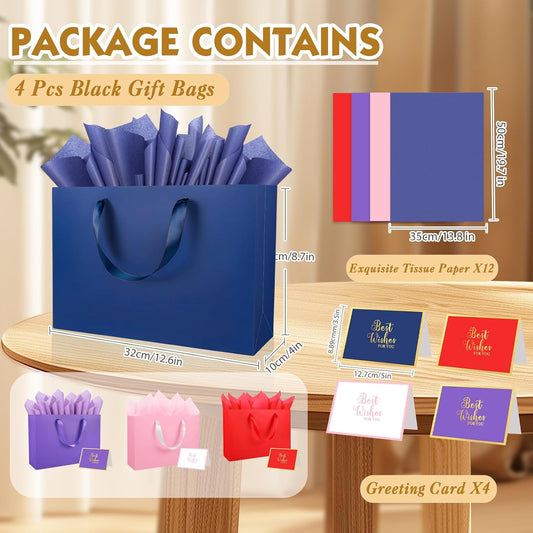 4 Pack Colorful Gift Bags with Handles and 12 Tissue Papers, Medium Size 12.6x8.7x4 Inches for Birthdays Parties, Baby Shower, Graduation, Weddings & Holidays (Assorted Gift Bags - Purple Pink Red Blue, 4 PCS)