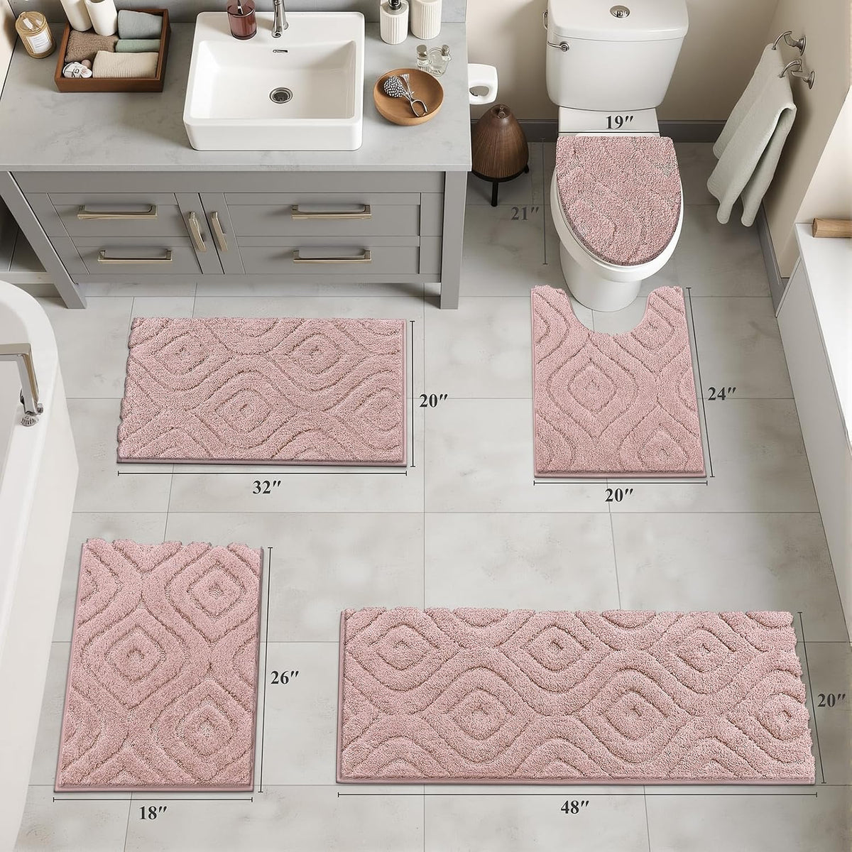 Bathroom Rugs Sets 5 Piece, Non Slip Washable Bath Mat Set
