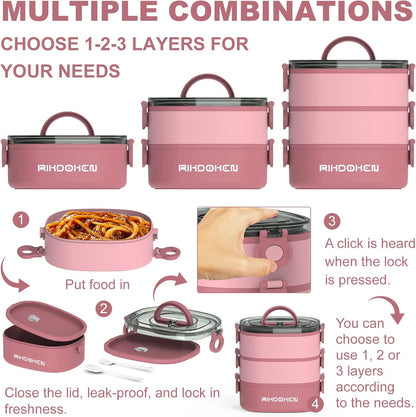 Lunch Box, Stackable 3 Layers Containers, Portable 94OZ Large Capacity Leakproof Bento Box with Spoon & Fork & Sauce Boxes, Microwave Safe Lunch Box for Kids and Adults