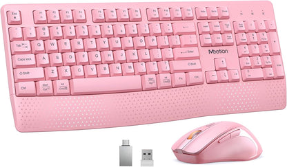 Wireless Keyboard and Mouse Combo, Full-Size with Wrist Rest, Pink