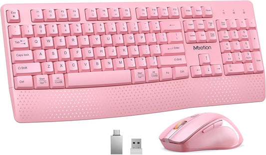 Wireless Keyboard and Mouse Combo, Full-Size with Wrist Rest, Pink