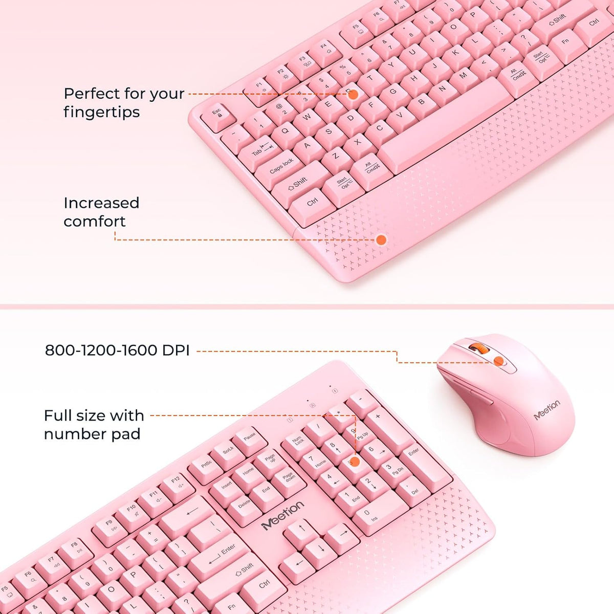 Wireless Keyboard and Mouse Combo, Full-Size with Wrist Rest, Pink