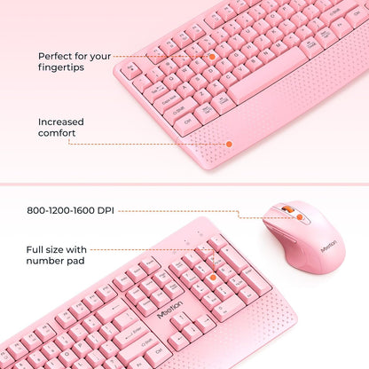 Wireless Keyboard and Mouse Combo, Full-Size with Wrist Rest, Pink