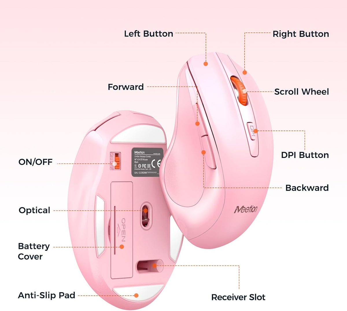 Wireless Keyboard and Mouse Combo, Full-Size with Wrist Rest, Pink