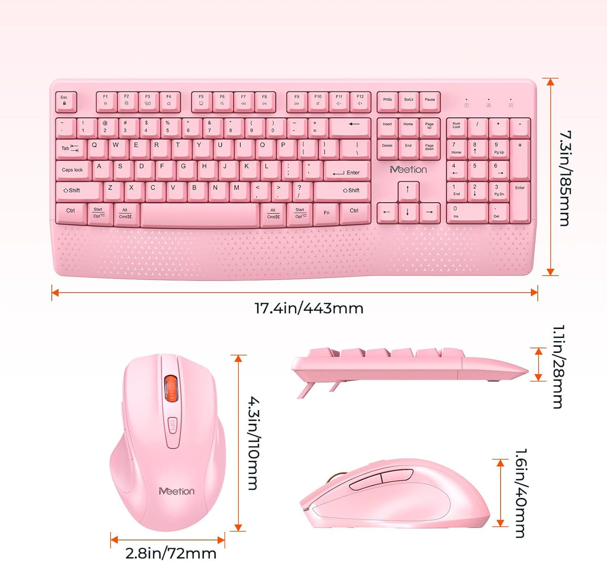 Wireless Keyboard and Mouse Combo, Full-Size with Wrist Rest, Pink