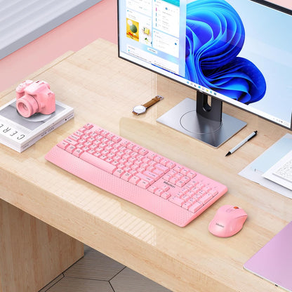 Wireless Keyboard and Mouse Combo, Full-Size with Wrist Rest, Pink