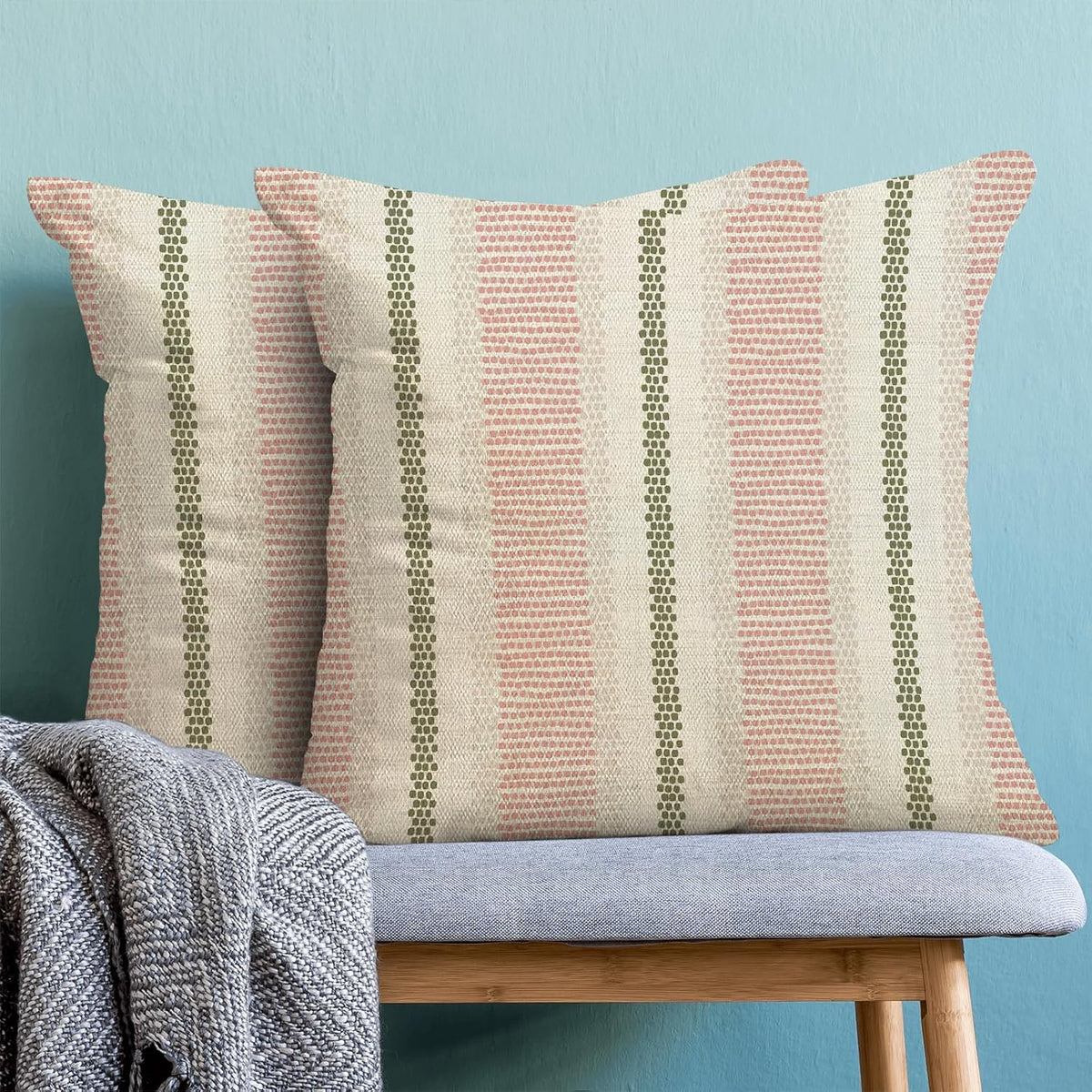 Boho Pillow Covers 18x18 Set of 2 Sage Green Pink Stripe Polka Dot Throw Pillow Covers Outdoor Decoration Modern Abstract Decorative Pillowcase Farmhouse Linen Cushion Case Decor for Couch So