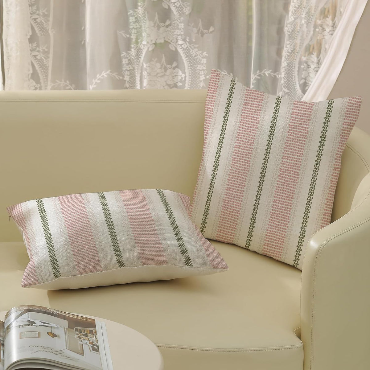 Boho Pillow Covers 18x18 Set of 2 Sage Green Pink Stripe Polka Dot Throw Pillow Covers Outdoor Decoration Modern Abstract Decorative Pillowcase Farmhouse Linen Cushion Case Decor for Couch So