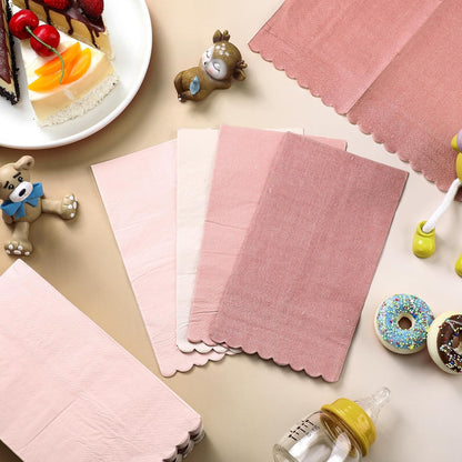 Zhanmai 100 Pack Cocktail Napkins 4.3 x 7.9 Inch Scalloped Napkins Beverage Gradient Color Paper with Scalloped Edges Thick Disposable Luncheon for Party Supplies (Dusty Pink)