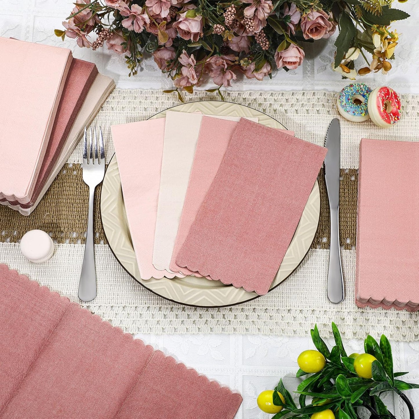 Zhanmai 100 Pack Cocktail Napkins 4.3 x 7.9 Inch Scalloped Napkins Beverage Gradient Color Paper with Scalloped Edges Thick Disposable Luncheon for Party Supplies (Dusty Pink)