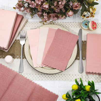 Zhanmai 100 Pack Cocktail Napkins 4.3 x 7.9 Inch Scalloped Napkins Beverage Gradient Color Paper with Scalloped Edges Thick Disposable Luncheon for Party Supplies (Dusty Pink)
