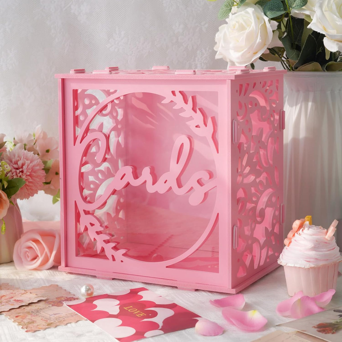 Wedding Card Box with Acrylic Window, Pink Card Box for Party Decorations