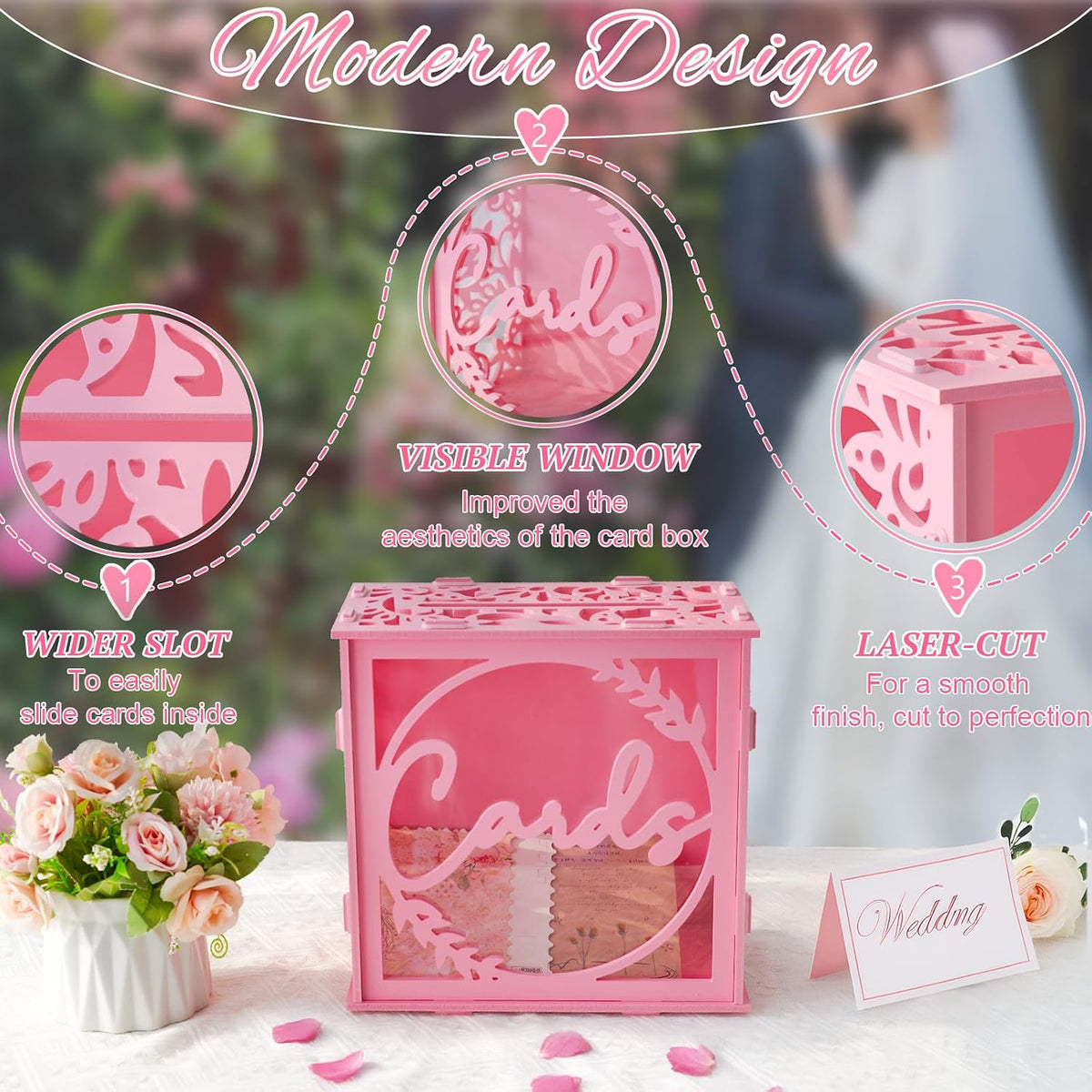 Wedding Card Box with Acrylic Window, Pink Card Box for Party Decorations