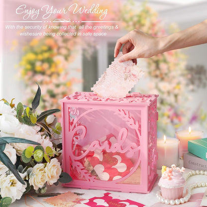 Wedding Card Box with Acrylic Window, Pink Card Box for Party Decorations
