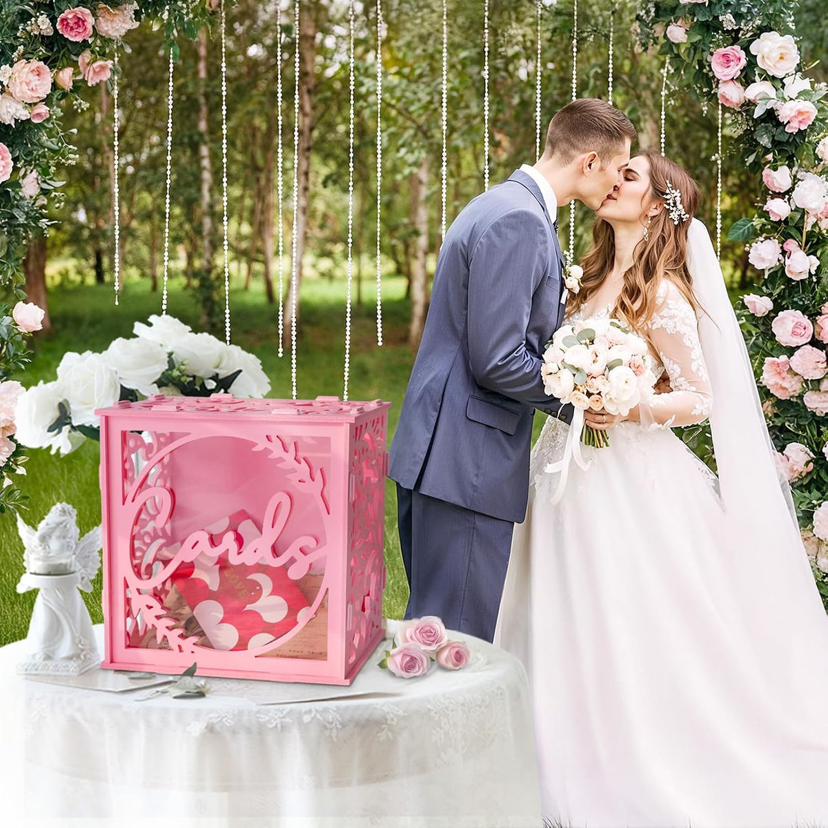 Wedding Card Box with Acrylic Window, Pink Card Box for Party Decorations
