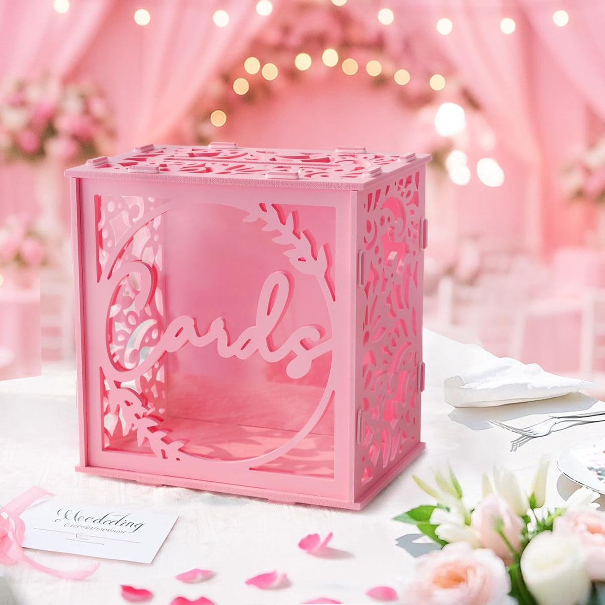 Wedding Card Box with Acrylic Window, Pink Card Box for Party Decorations