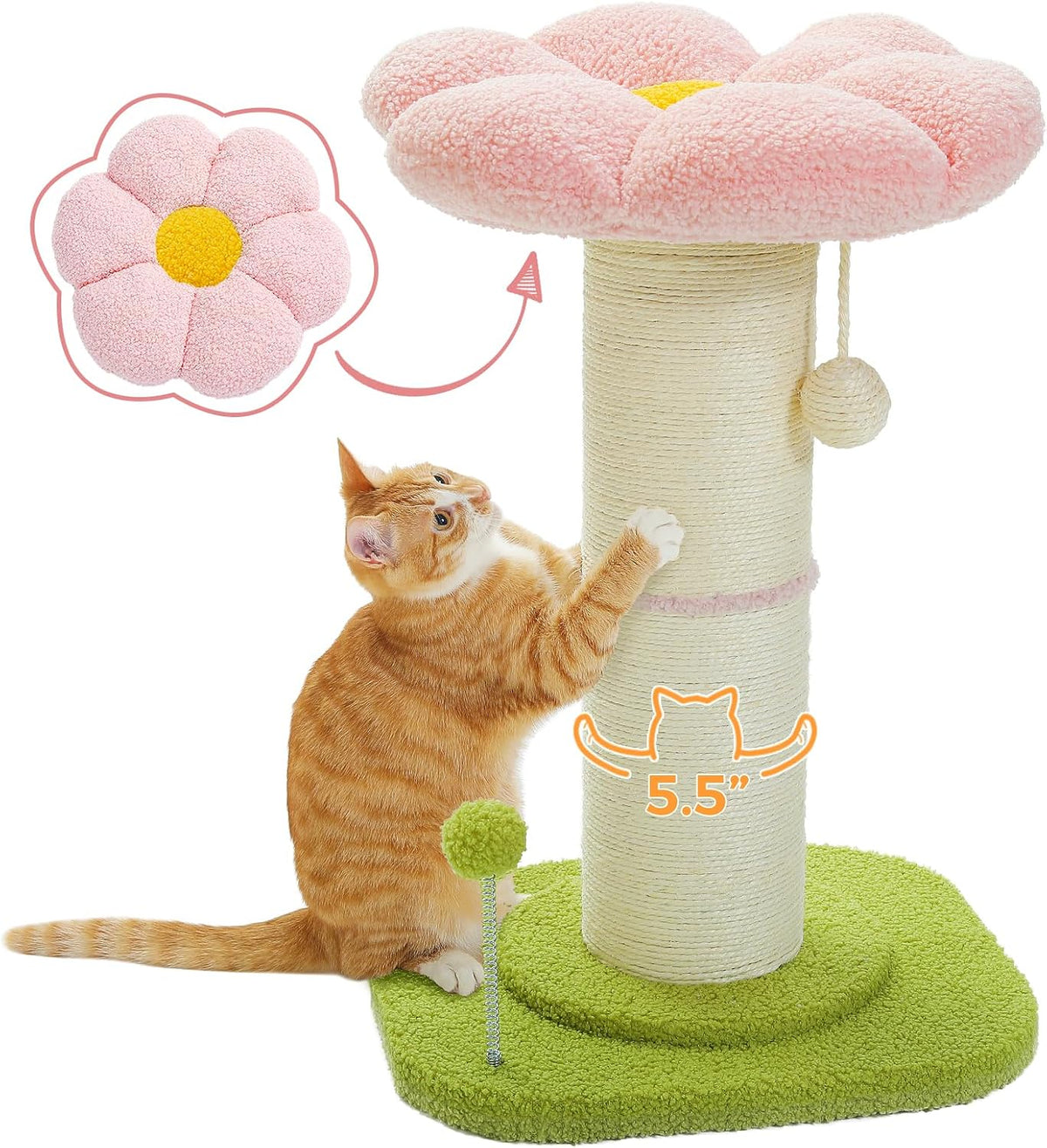 Flower Cat Scratching Post, Super Thick 5.5in Sisal Post, Pink