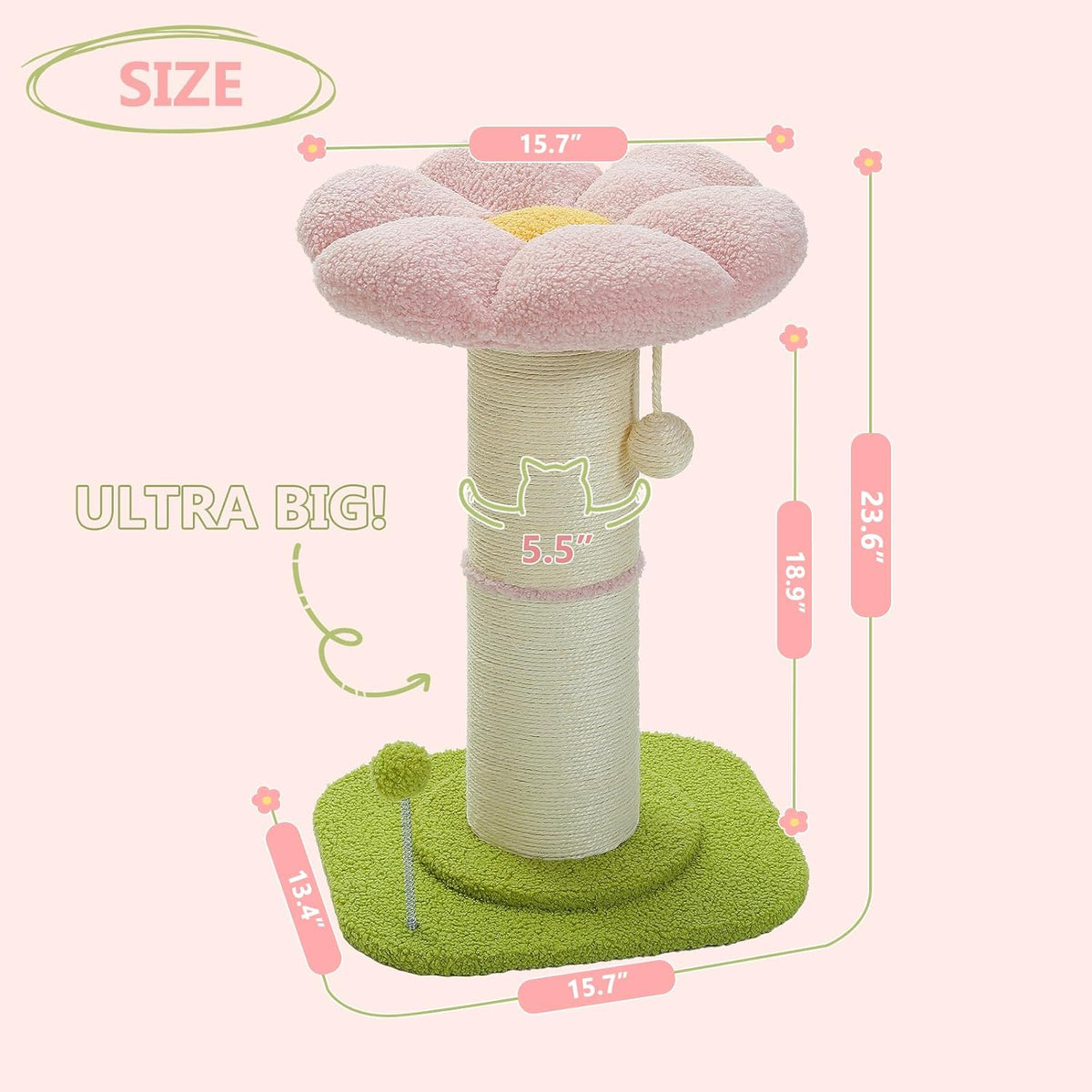 Flower Cat Scratching Post, Super Thick 5.5in Sisal Post, Pink
