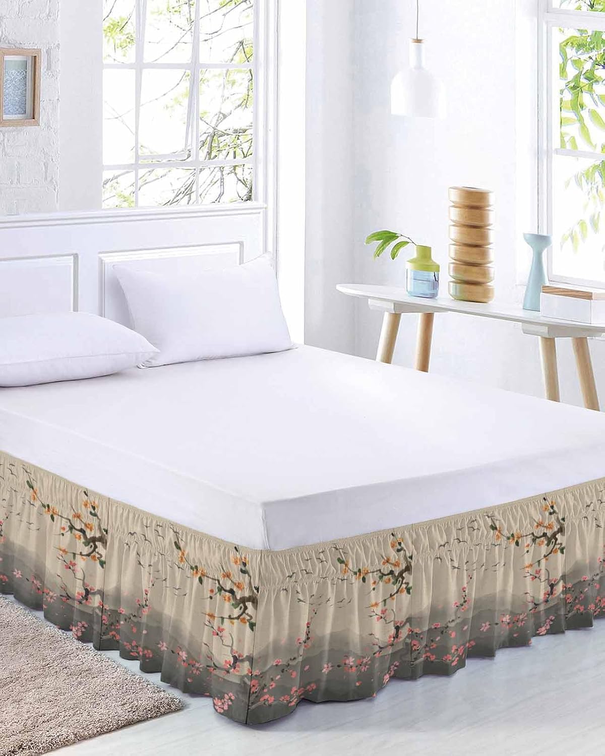 Chinese Ink Painting Bed Skirt Queen Size 16 Inch Drop, Adjustable Elastic Wrap Around Bed Skirts Easy Fitting Dust Ruffle Bedskirt Bed Frame Cover Pink Peach Blossom Branches