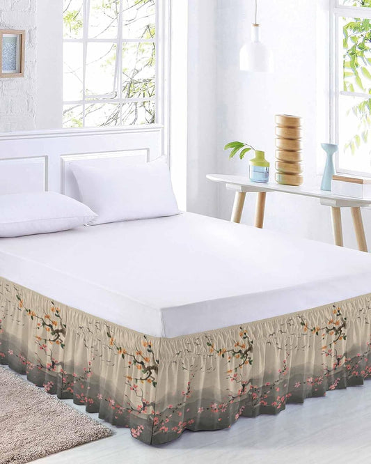 Chinese Ink Painting Bed Skirt Queen Size 16 Inch Drop, Adjustable Elastic Wrap Around Bed Skirts Easy Fitting Dust Ruffle Bedskirt Bed Frame Cover Pink Peach Blossom Branches