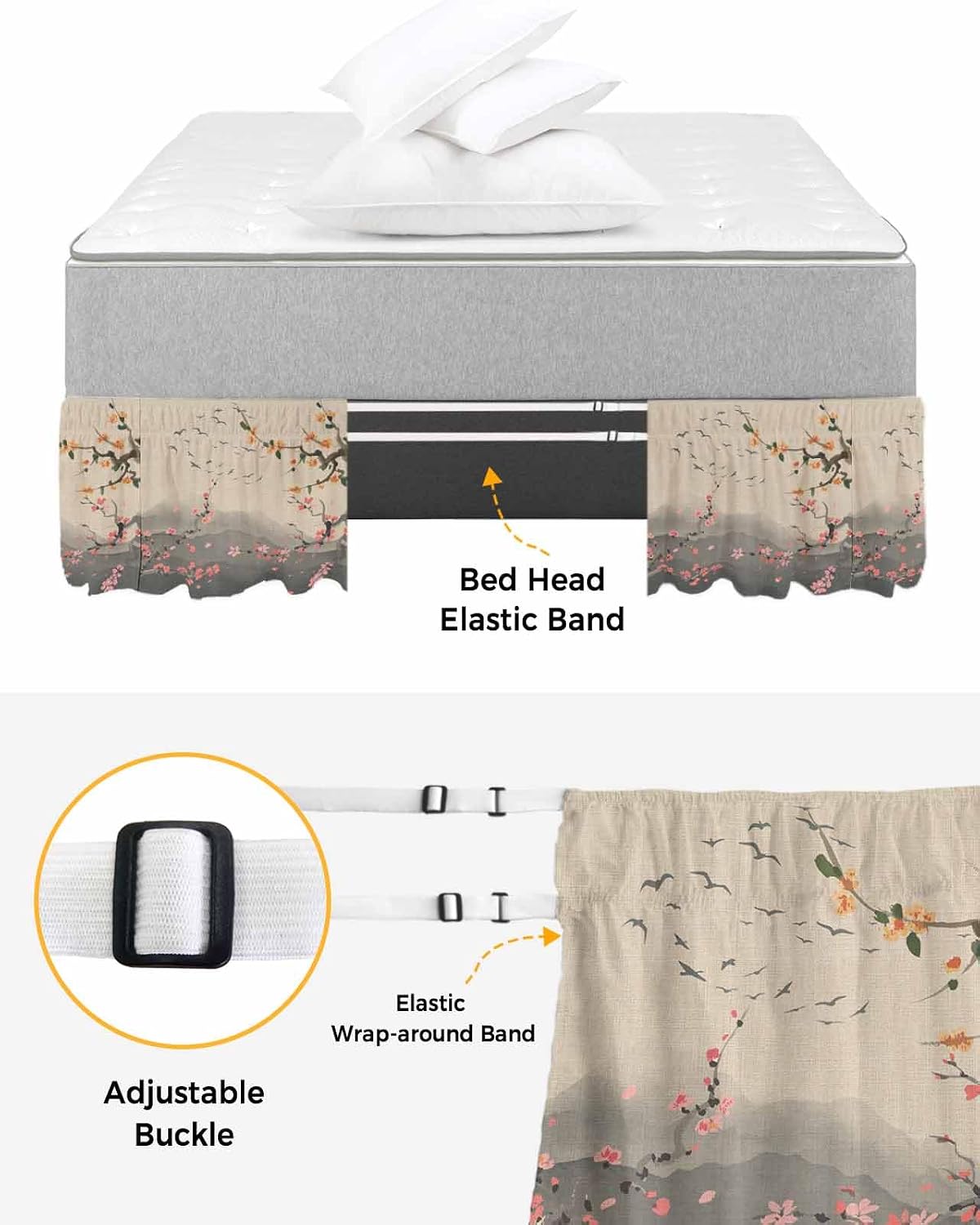 Chinese Ink Painting Bed Skirt Queen Size 16 Inch Drop, Adjustable Elastic Wrap Around Bed Skirts Easy Fitting Dust Ruffle Bedskirt Bed Frame Cover Pink Peach Blossom Branches