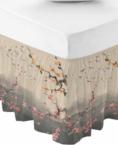 Chinese Ink Painting Bed Skirt Queen Size 16 Inch Drop, Adjustable Elastic Wrap Around Bed Skirts Easy Fitting Dust Ruffle Bedskirt Bed Frame Cover Pink Peach Blossom Branches