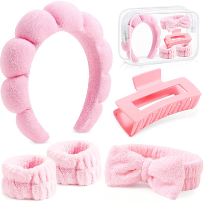 SPA Headbands and Wristband Set for Face Washing with Clear Bag Cute Skincare Makeup Headband Wrist Bands Hair Clips for Women Teenage Girls Gifts Trendy Stuff Pink