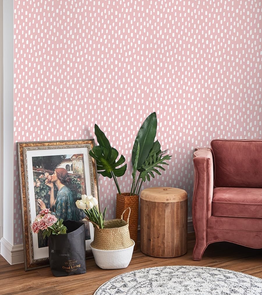 Peel and Stick Wallpaper Pink White Girly Kids Room 17.3in x32.8ft