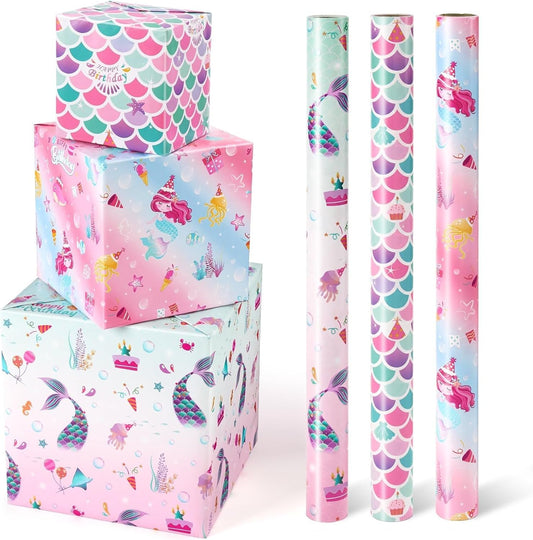 Mermaid Wrapping Paper, 3 Rolls x 10' Wrapping Paper Birthday Girl