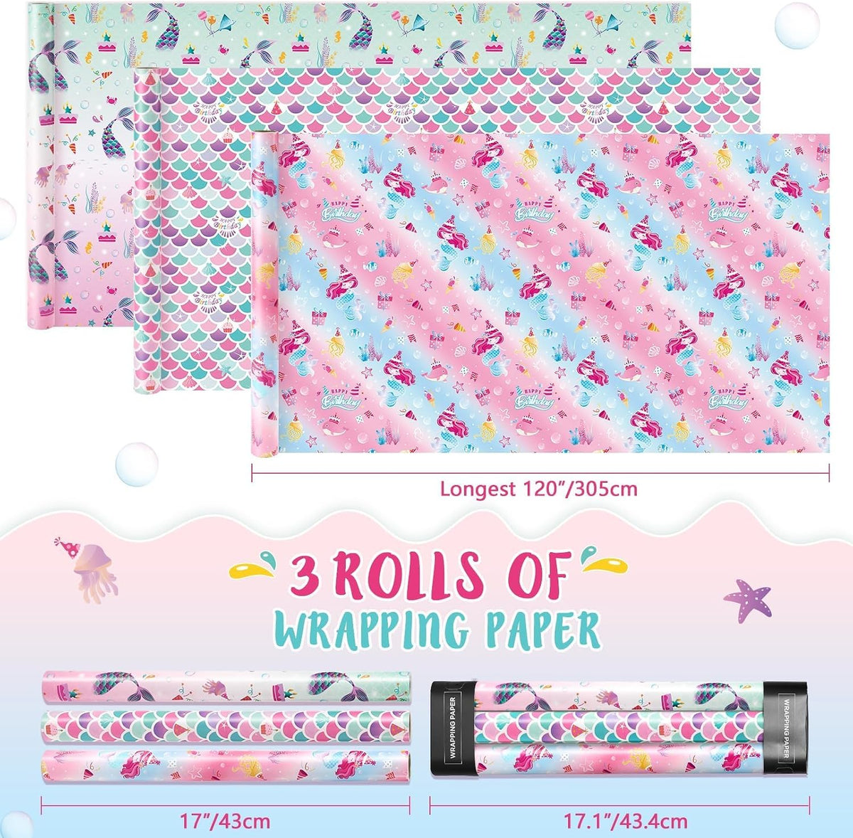 Mermaid Wrapping Paper, 3 Rolls x 10' Wrapping Paper Birthday Girl