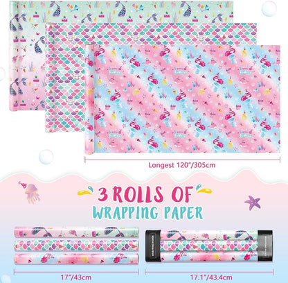 Mermaid Wrapping Paper, 3 Rolls x 10' Wrapping Paper Birthday Girl