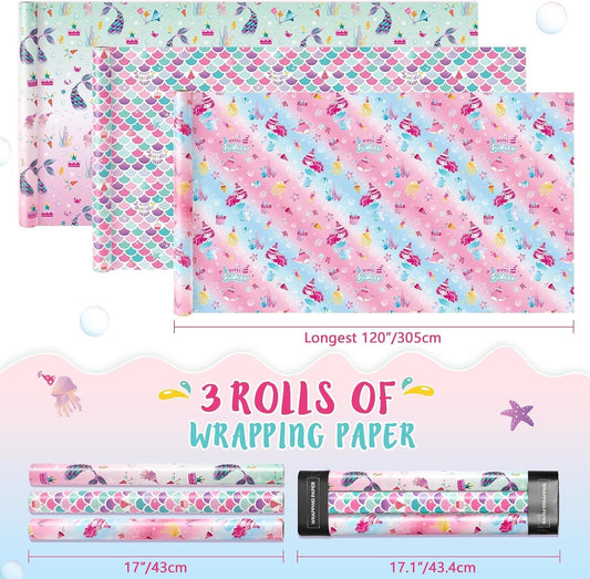 Mermaid Wrapping Paper, 3 Rolls x 10' Wrapping Paper Birthday Girl