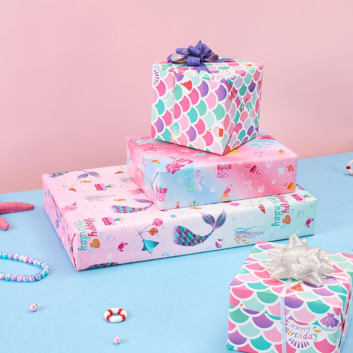 Mermaid Wrapping Paper, 3 Rolls x 10' Wrapping Paper Birthday Girl