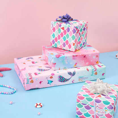Mermaid Wrapping Paper, 3 Rolls x 10' Wrapping Paper Birthday Girl