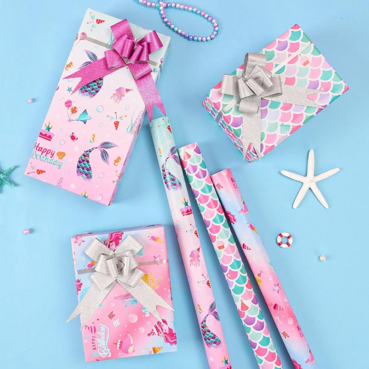 Mermaid Wrapping Paper, 3 Rolls x 10' Wrapping Paper Birthday Girl