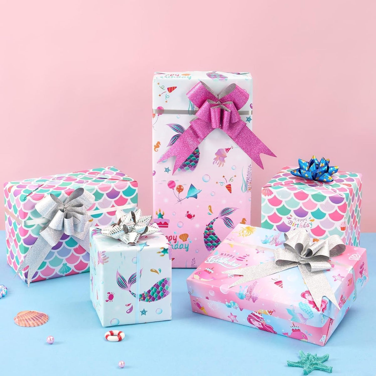 Mermaid Wrapping Paper, 3 Rolls x 10' Wrapping Paper Birthday Girl