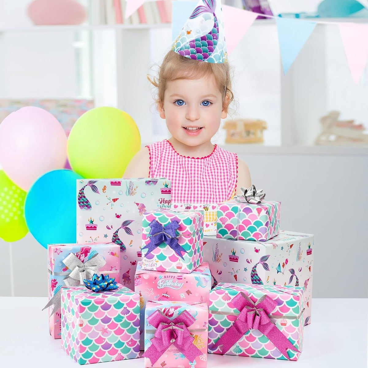 Mermaid Wrapping Paper, 3 Rolls x 10' Wrapping Paper Birthday Girl