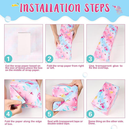 Mermaid Wrapping Paper, 3 Rolls x 10' Wrapping Paper Birthday Girl