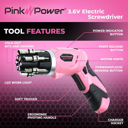 Cordless Electric Screwdriver Set 3.6V Rechargeable Women Level