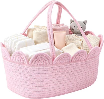 Pink Diaper Caddy Organizer for Nursery Storage Bin, Scalloped Edge Cotton Rope Basket with Removable Divider, Portable Changing Table Holder for Newborn Essentials and Shower Gifts
