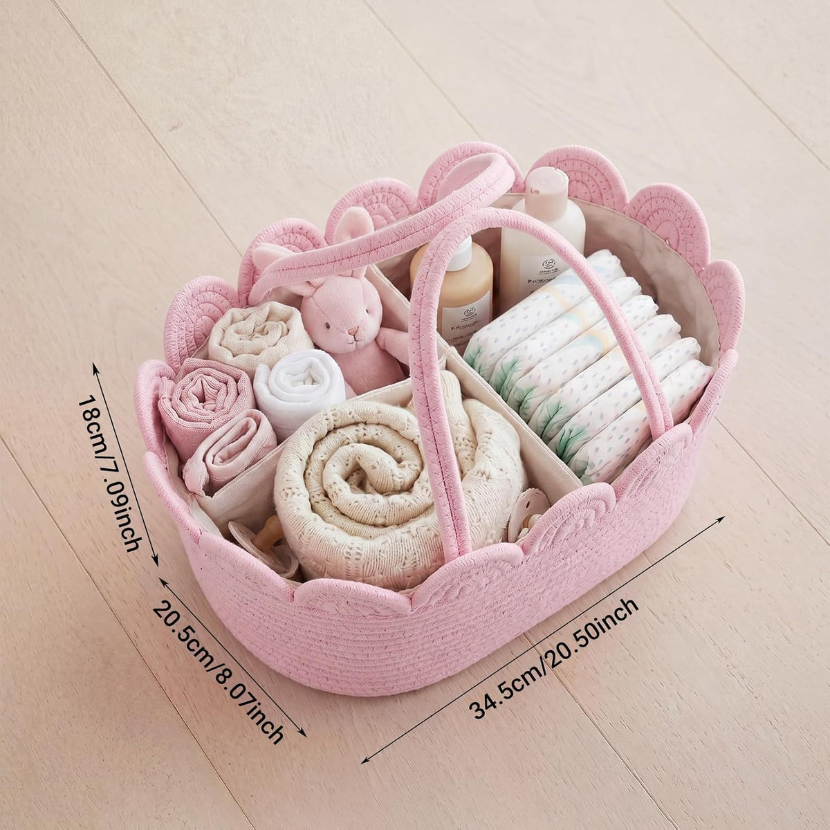 Pink Diaper Caddy Organizer for Nursery Storage Bin, Scalloped Edge Cotton Rope Basket with Removable Divider, Portable Changing Table Holder for Newborn Essentials and Shower Gifts