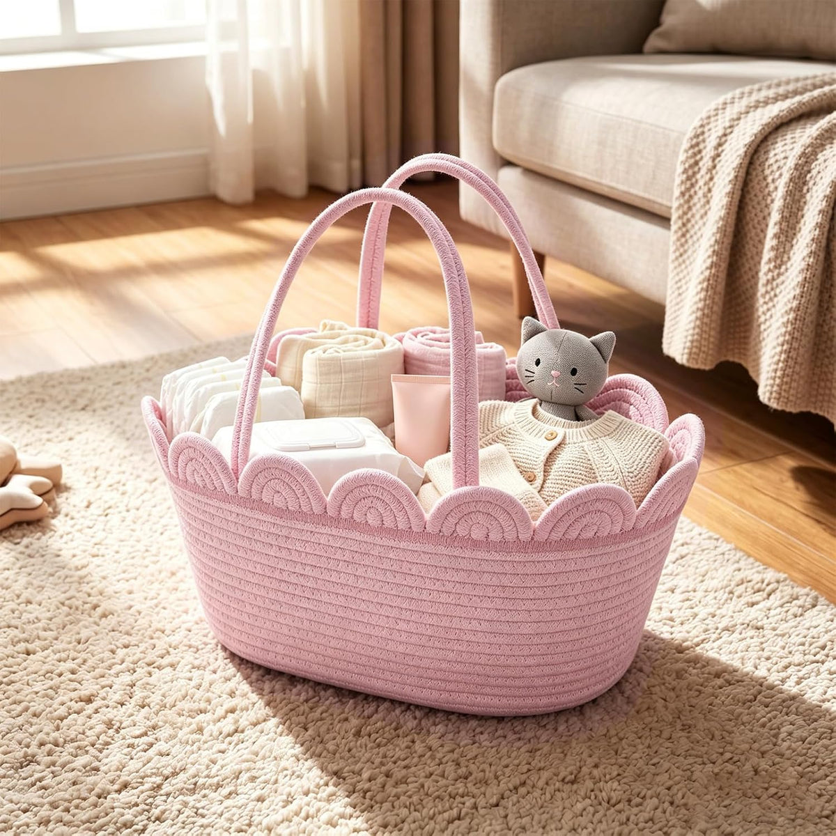 Pink Diaper Caddy Organizer for Nursery Storage Bin, Scalloped Edge Cotton Rope Basket with Removable Divider, Portable Changing Table Holder for Newborn Essentials and Shower Gifts