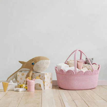 Pink Diaper Caddy Organizer for Nursery Storage Bin, Scalloped Edge Cotton Rope Basket with Removable Divider, Portable Changing Table Holder for Newborn Essentials and Shower Gifts