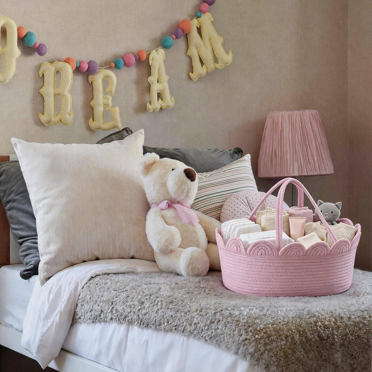 Pink Diaper Caddy Organizer for Nursery Storage Bin, Scalloped Edge Cotton Rope Basket with Removable Divider, Portable Changing Table Holder for Newborn Essentials and Shower Gifts