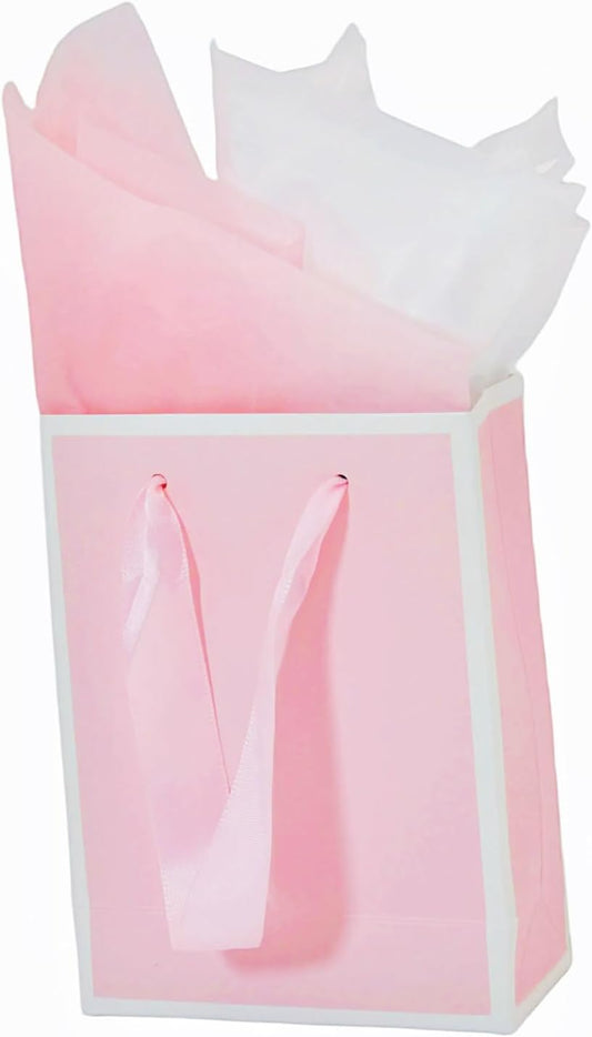 Mini Pink & White Gift Bags with Tissue Paper, 4 PK, 6.3x4.7x2.2 IN | Small Paper Bags with Handles, Tiny Gift Wrap for Birthday, Party, Wedding, Shopping, Baby & Bridal Shower, Jewelry