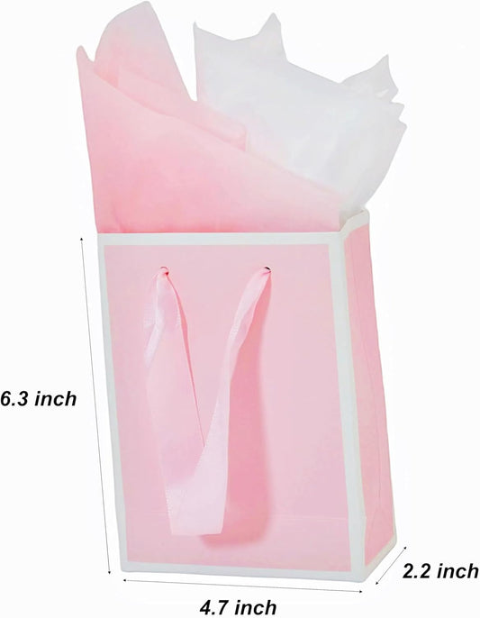 Mini Pink & White Gift Bags with Tissue Paper, 4 PK, 6.3x4.7x2.2 IN | Small Paper Bags with Handles, Tiny Gift Wrap for Birthday, Party, Wedding, Shopping, Baby & Bridal Shower, Jewelry