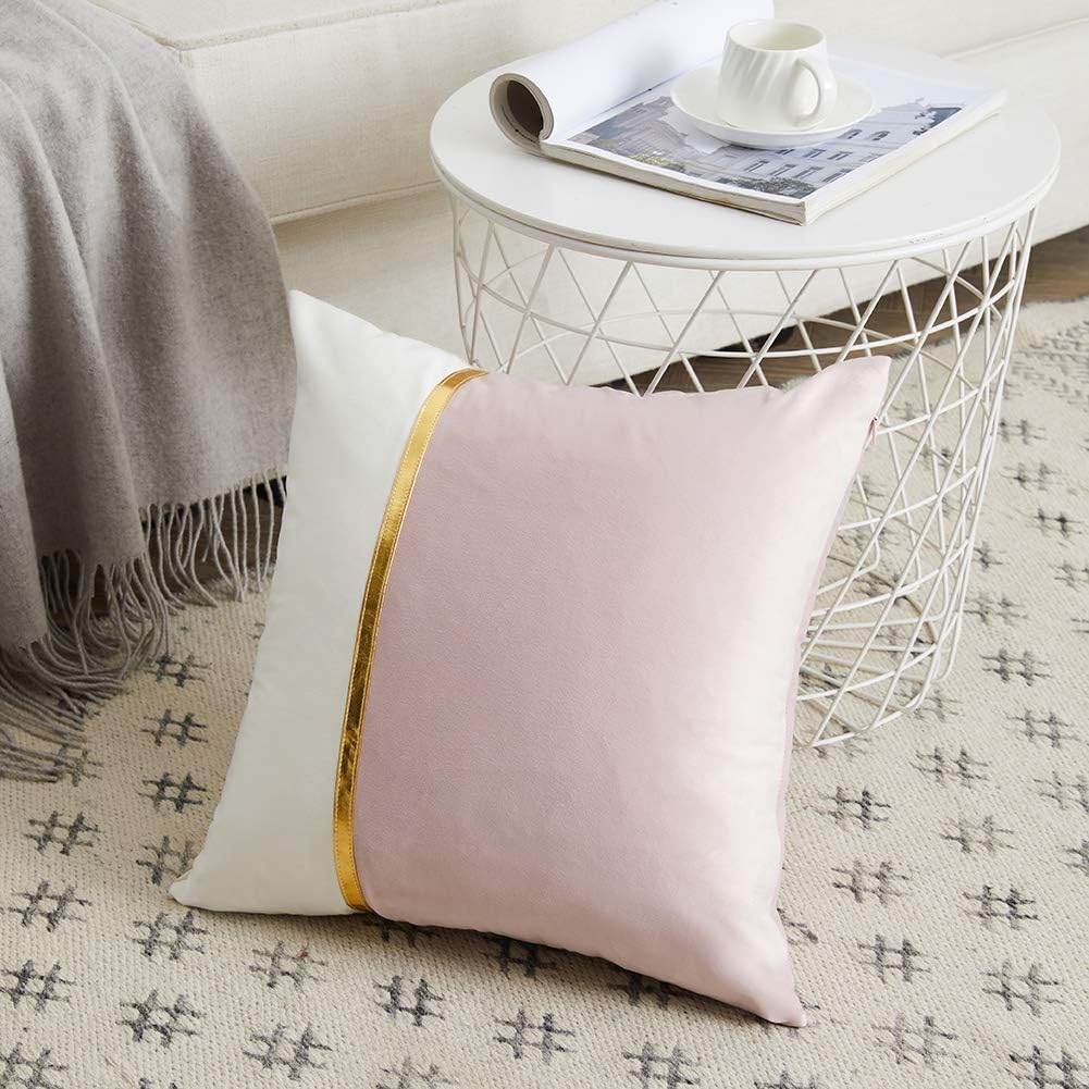 2 Packs Decorative Throw Pillow Covers 18x18 Inch for Living Room Couch Bedroom, Blush Pink and White Velvet Patchwork with Gold Leather, Luxury Modern Home Decor Cute Cushion Case 45x45 cm