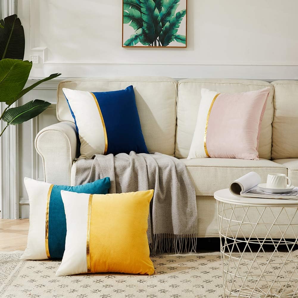 2 Packs Decorative Throw Pillow Covers 18x18 Inch for Living Room Couch Bedroom, Blush Pink and White Velvet Patchwork with Gold Leather, Luxury Modern Home Decor Cute Cushion Case 45x45 cm
