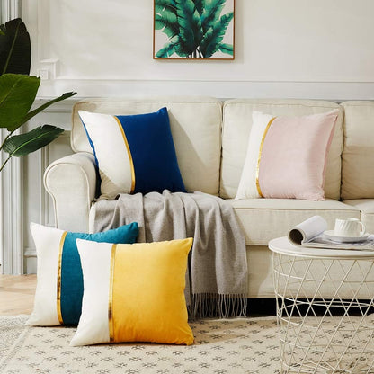 2 Packs Decorative Throw Pillow Covers 18x18 Inch for Living Room Couch Bedroom, Blush Pink and White Velvet Patchwork with Gold Leather, Luxury Modern Home Decor Cute Cushion Case 45x45 cm